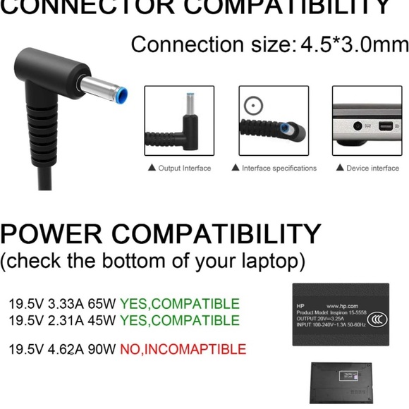 Charger for HP Laptop Computer 65W 45W Smart Blue Tip Power Adapter - Picture 2 of 7